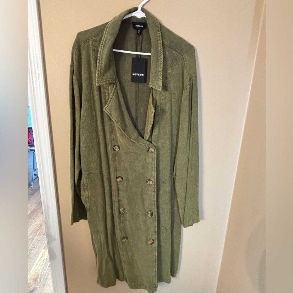 NWT Heyson olive green women’s button trench coat jacket size L - Picture 1 of 12